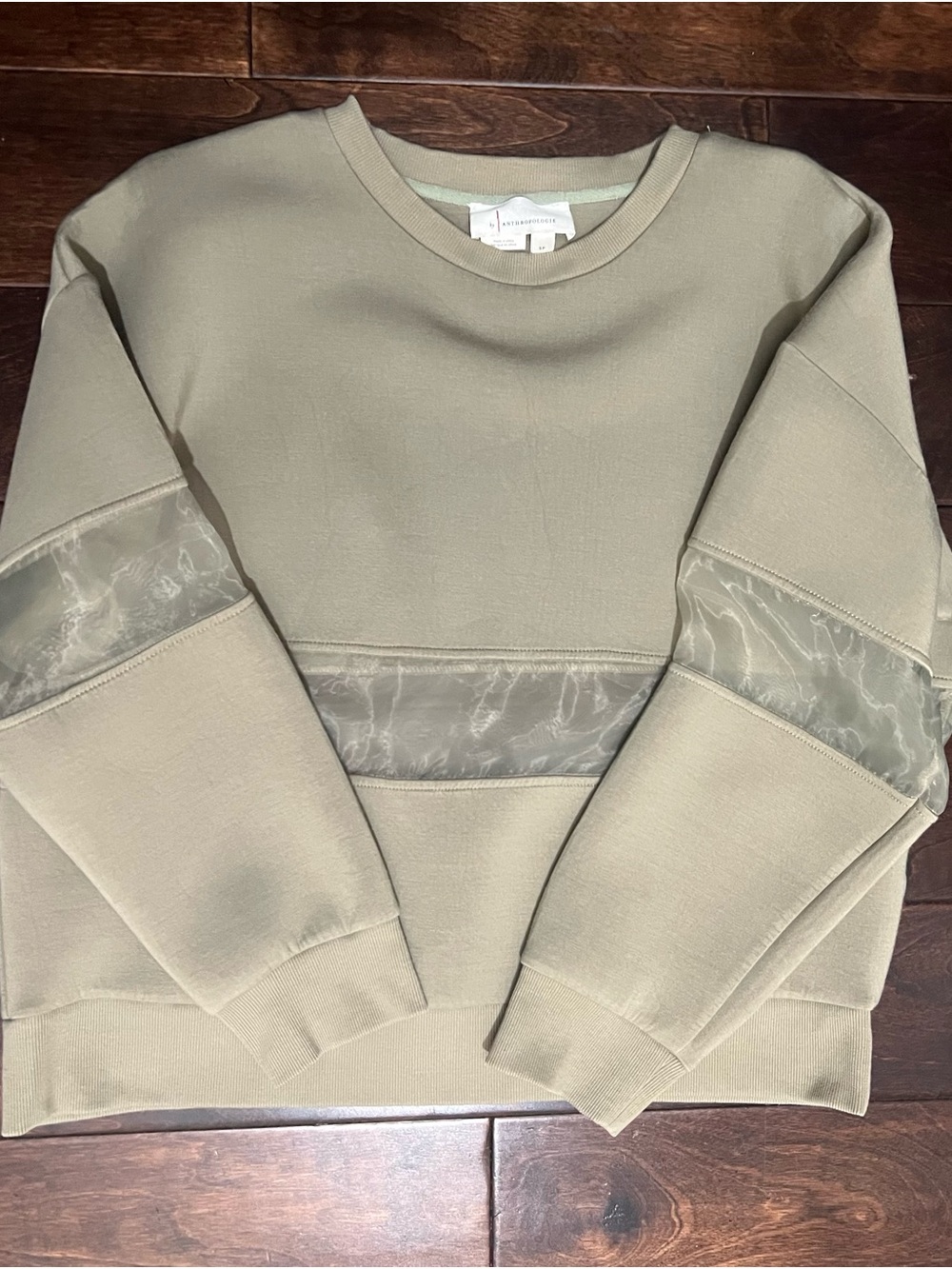 Anthropologie Women’s Crewneck Sweater in Sage Green with Sheer Panel
